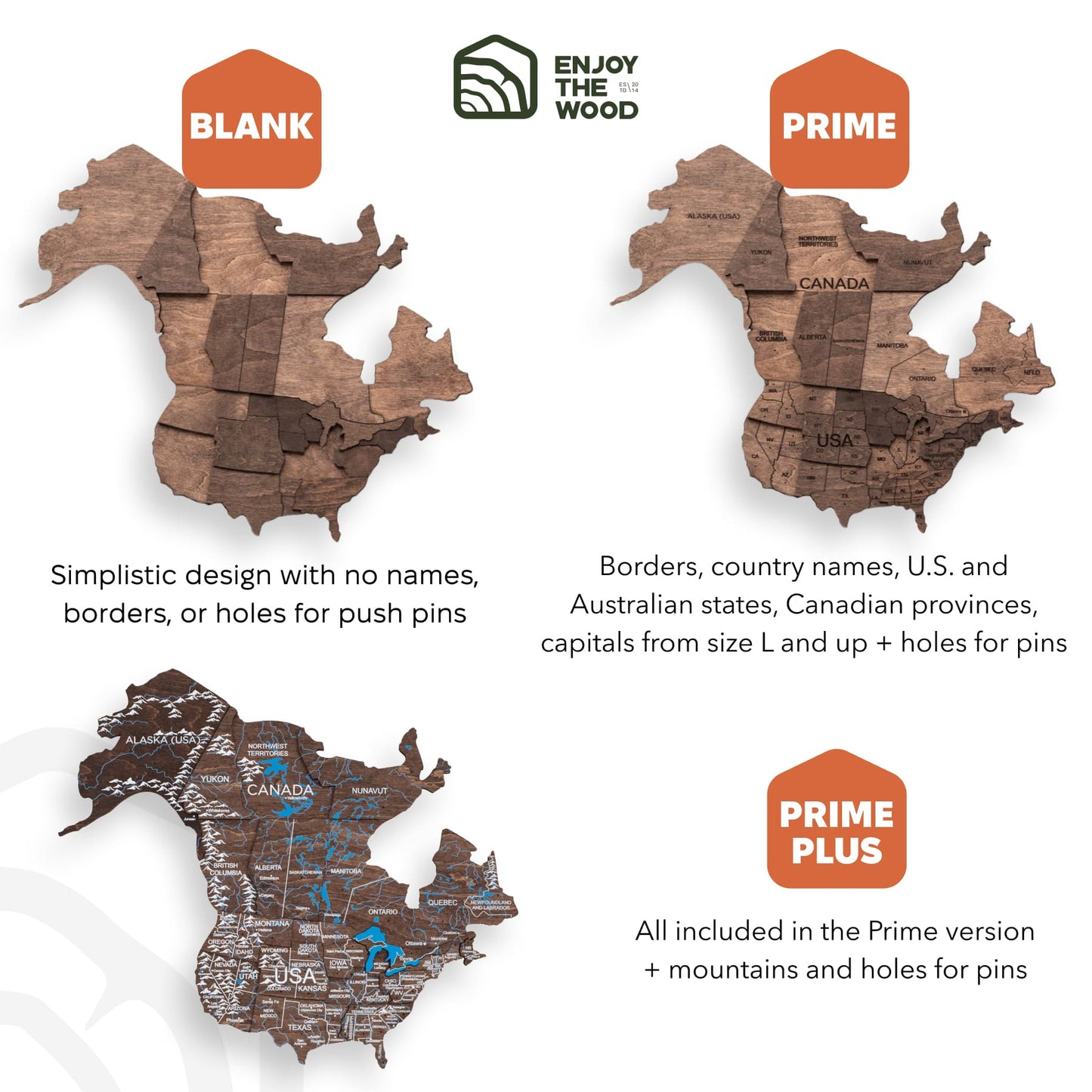 3D Wooden World Map Wall Art - Dark Walnut