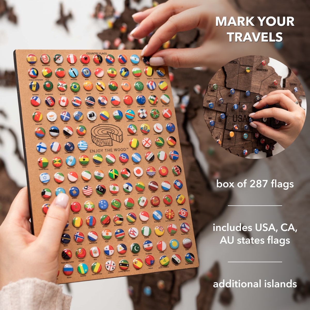 3D Wooden World Map Wall Art - Dark Walnut
