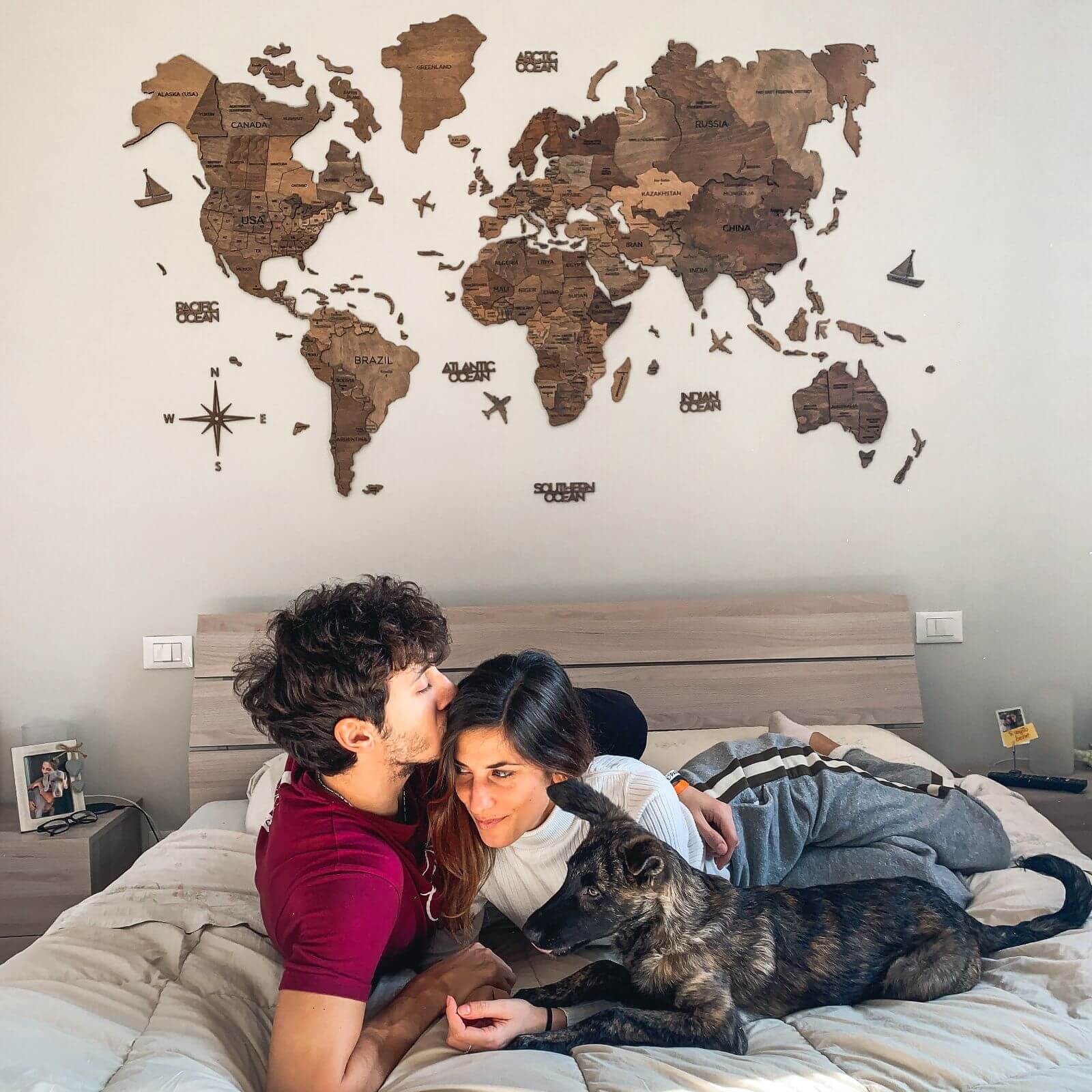 3D wooden world map wall art in Dark Walnut finish