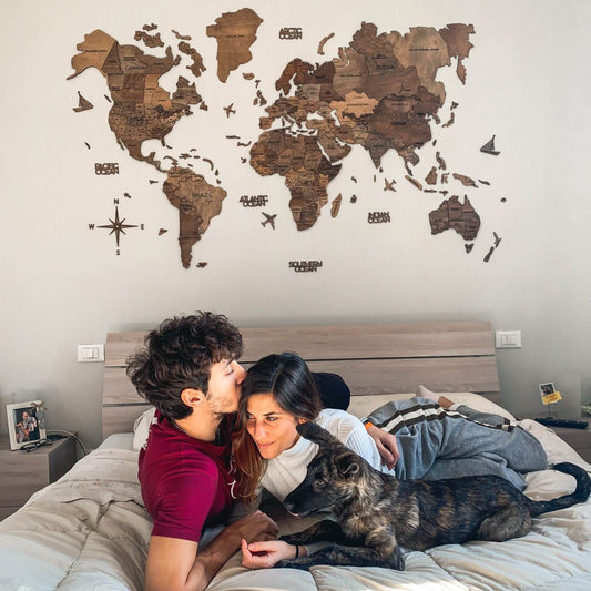 3D wooden world map wall art in Dark Walnut finish