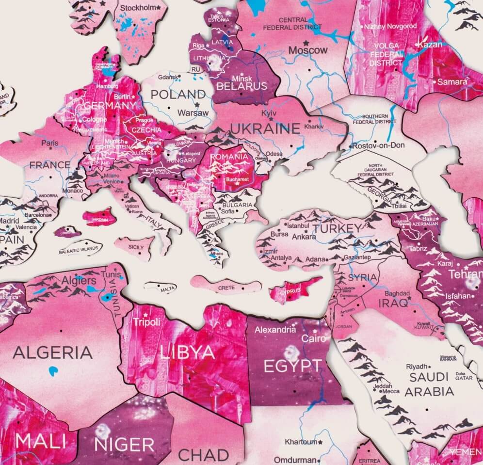 3D Wooden World Map Wall Art - Pink Dream