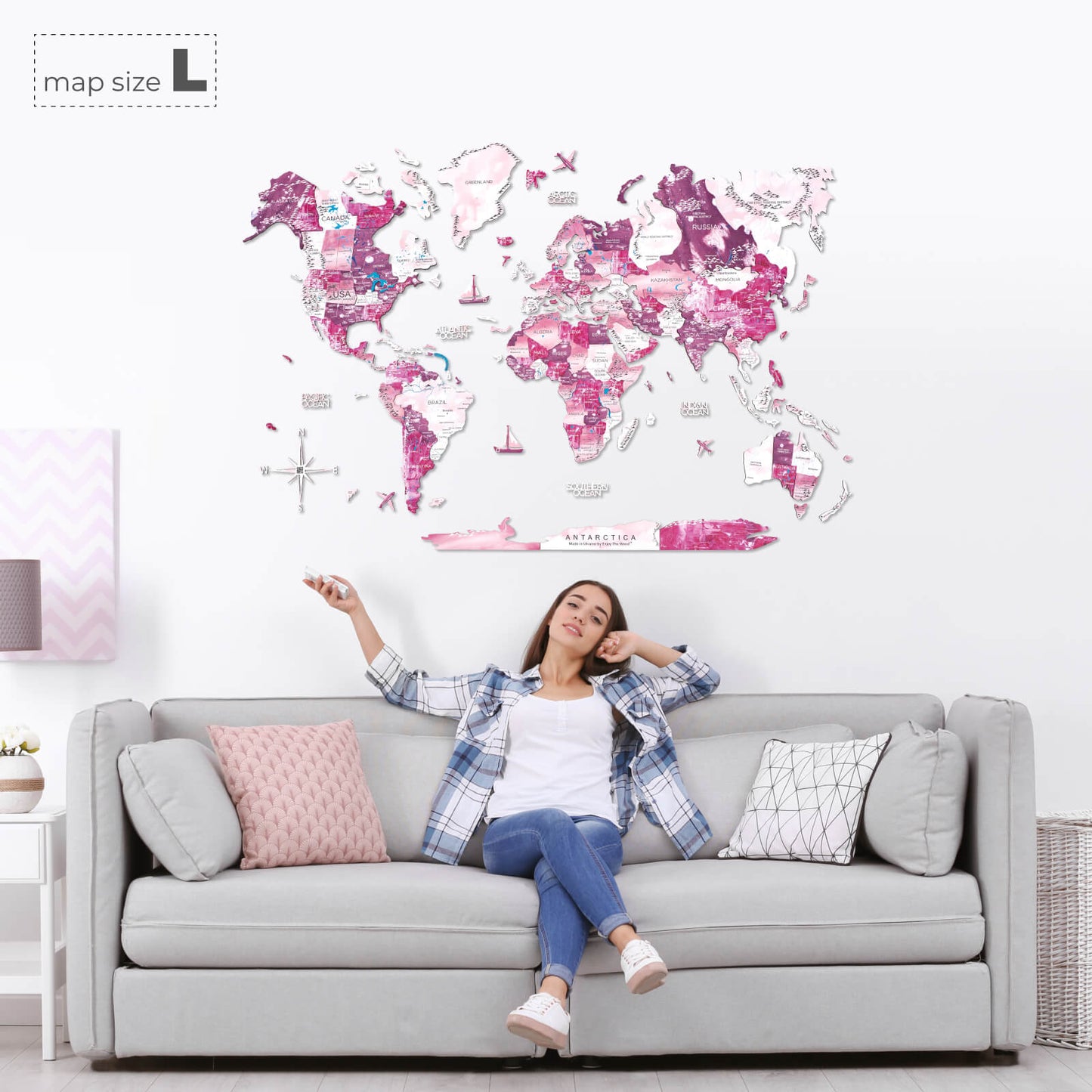 3D Wooden World Map Wall Art - Pink Dream