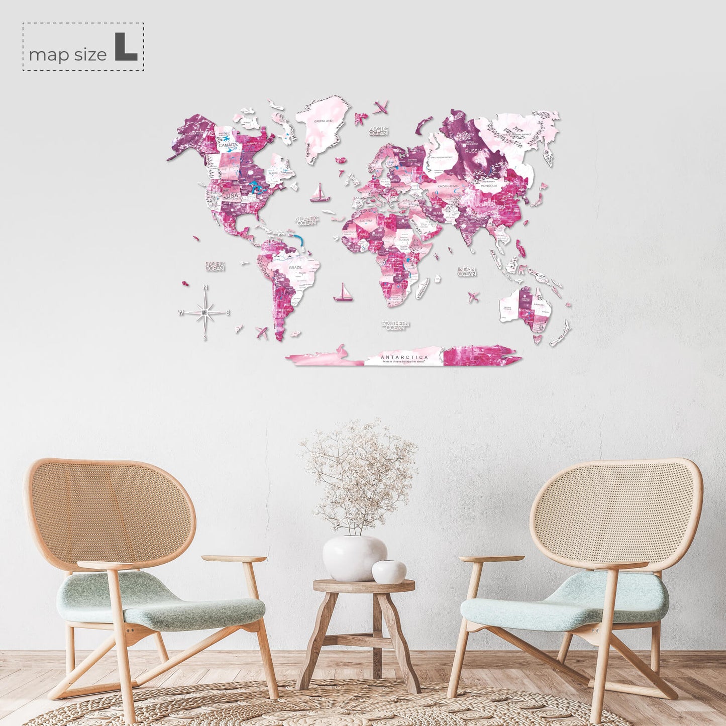 3D Wooden World Map Wall Art - Pink Dream