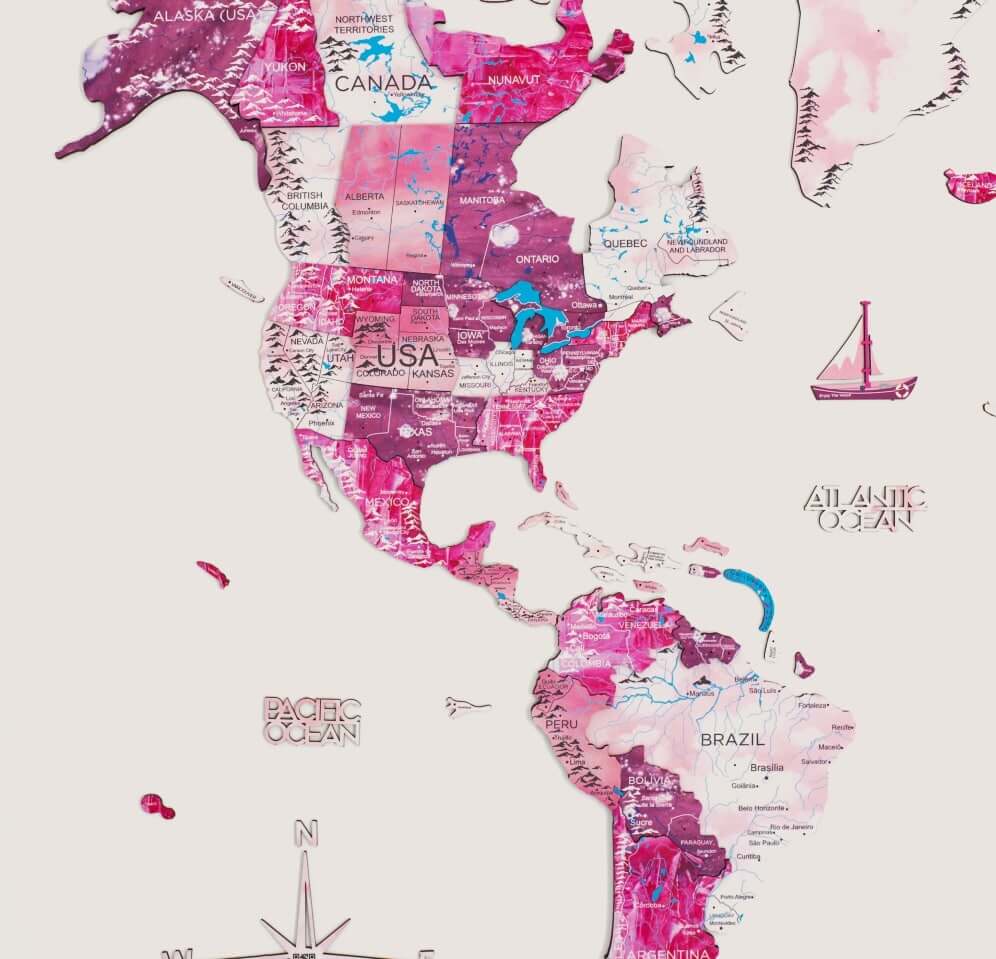 3D Wooden World Map Wall Art - Pink Dream