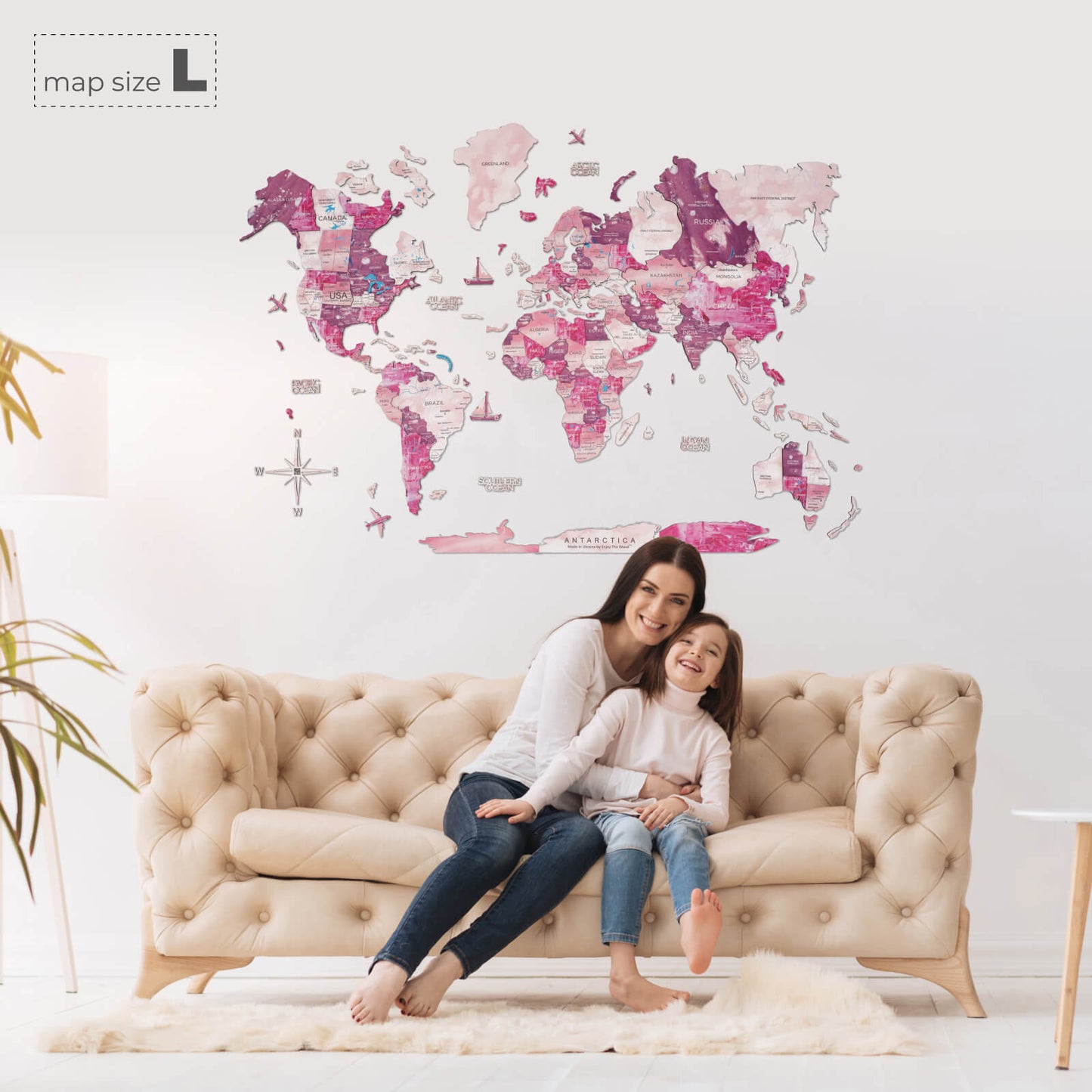 3D Wooden World Map Wall Art - Pink Dream