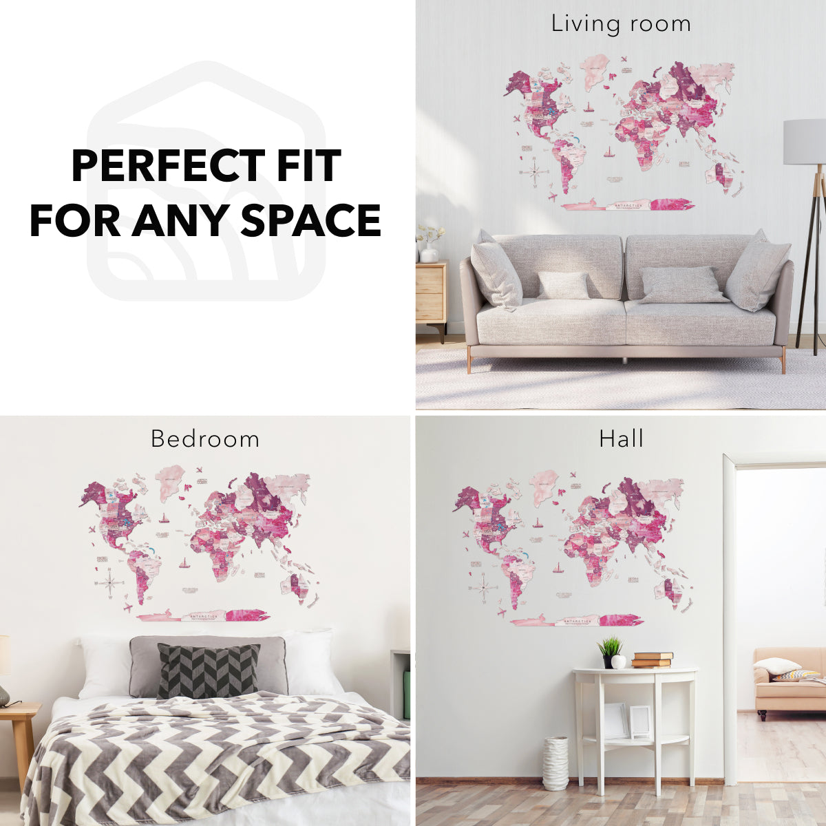 3D Wooden World Map Wall Art - Pink Dream
