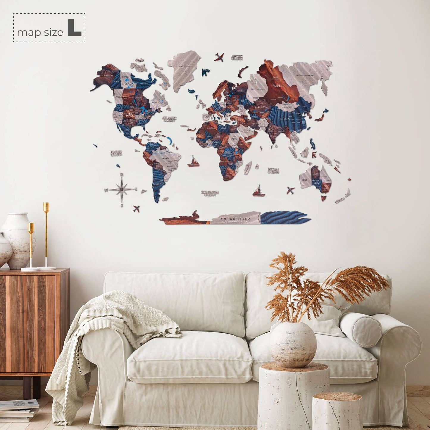 3D Wooden World Map Wall Art - Dune
