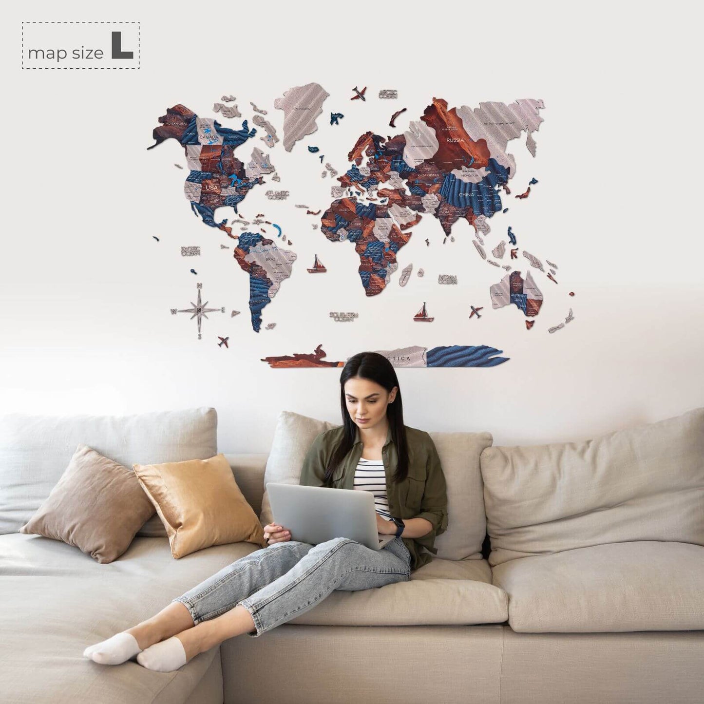 3D Wooden World Map Wall Art - Dune