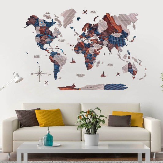 3D wooden world map wall art in Dune palette
