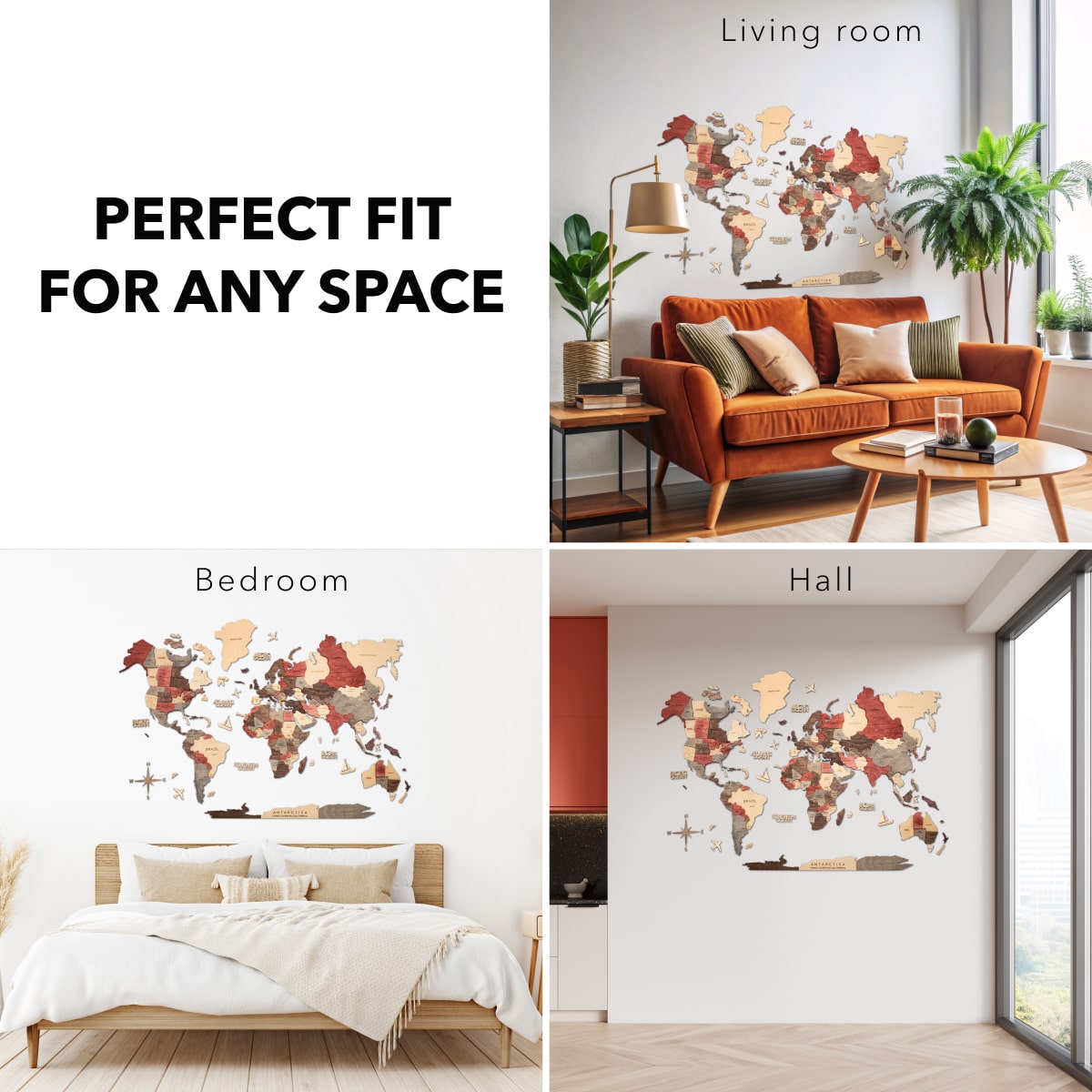 3D Wooden World Map Wall Art - Fusion