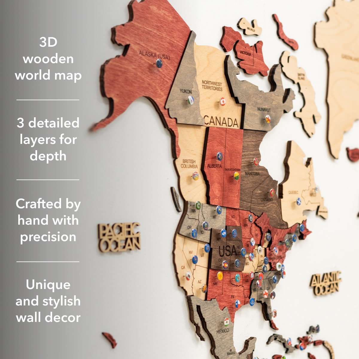 3D Wooden World Map Wall Art - Fusion
