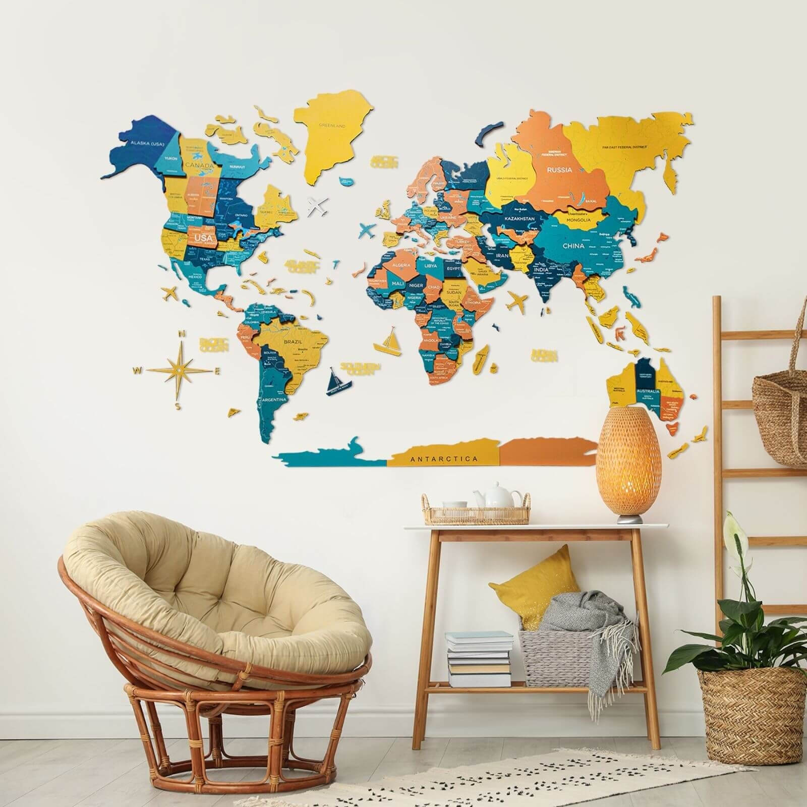 3D wooden world map wall art in Indie palette