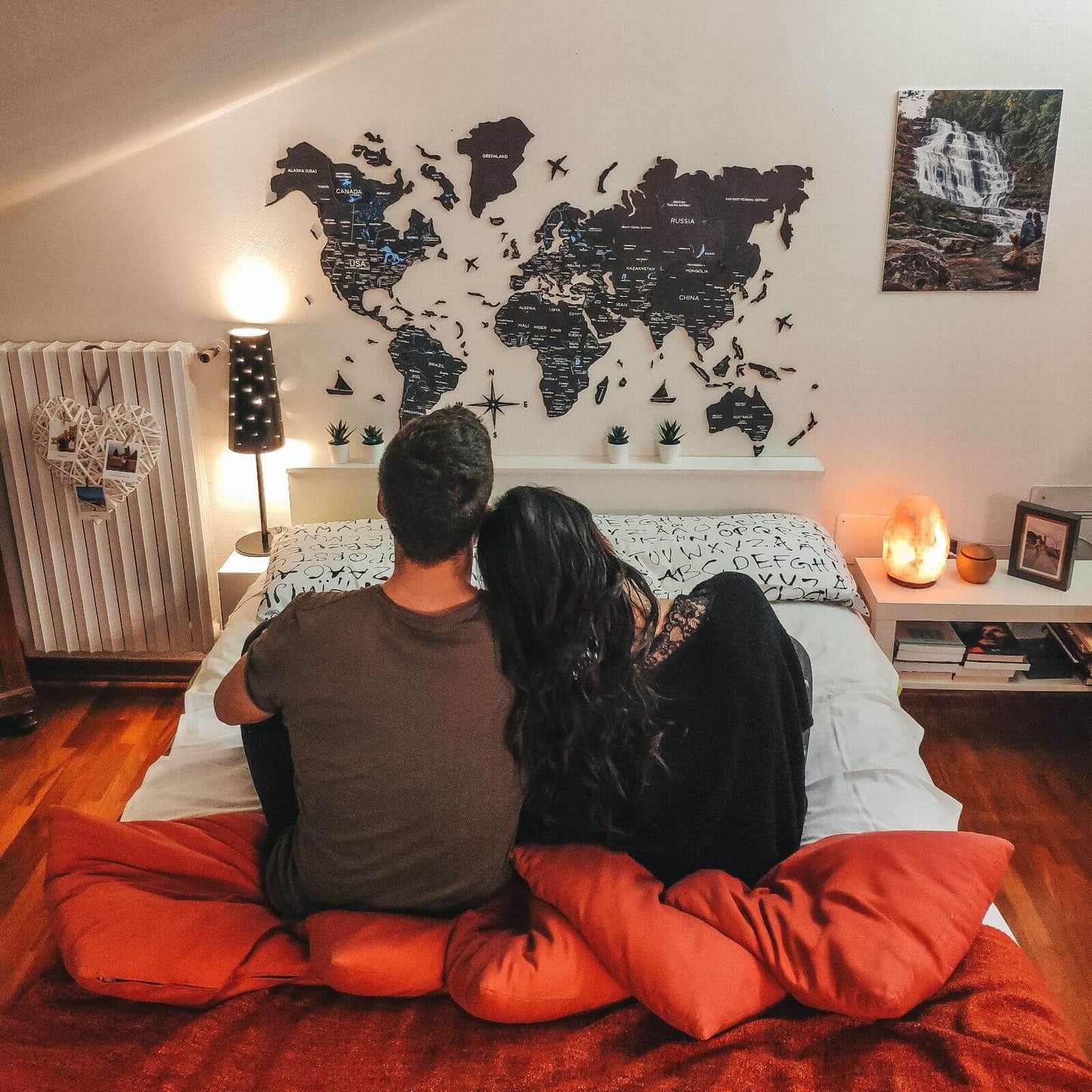 3D wooden world map wall art in Midnight palette
