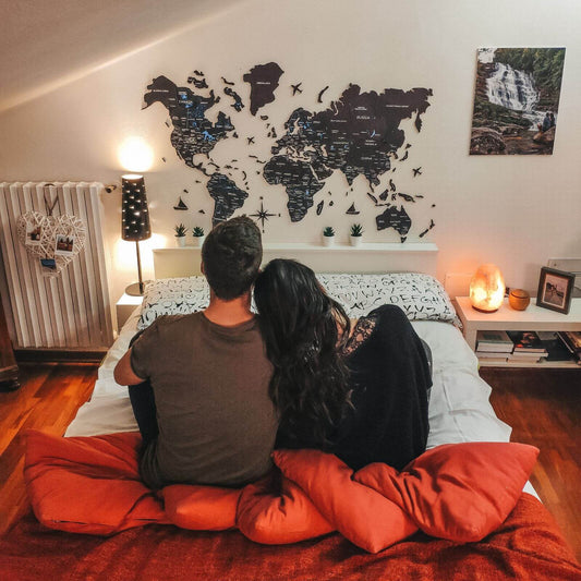3D wooden world map wall art in Midnight palette