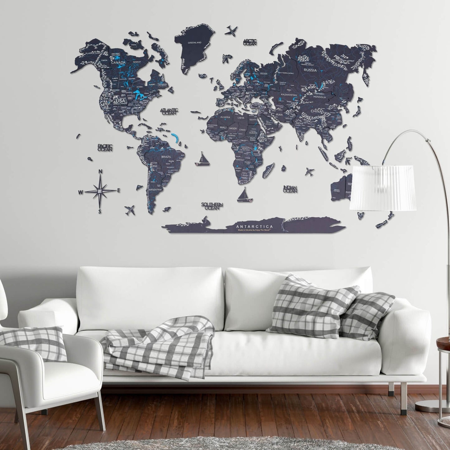 3D Wooden World Map Wall Art - Midnight