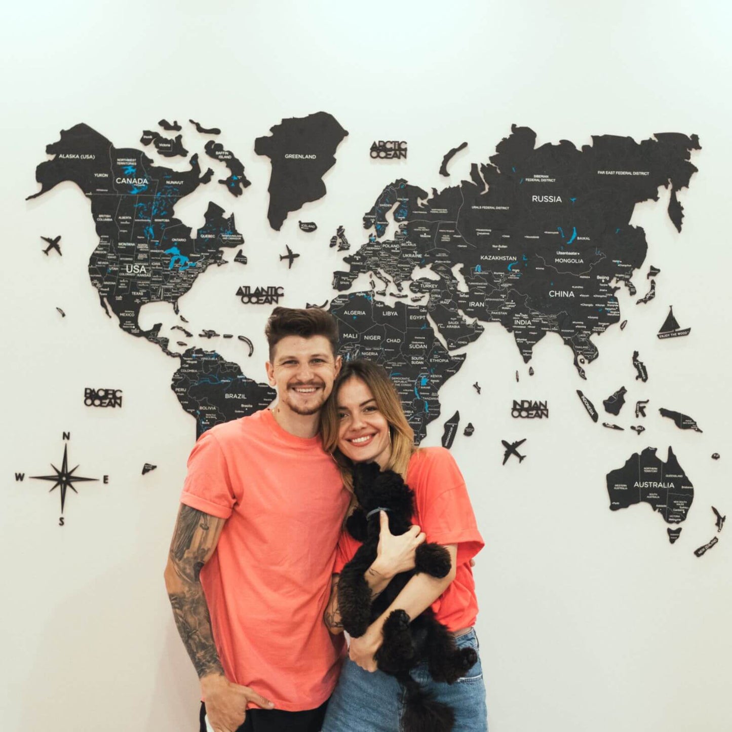 3D Wooden World Map Wall Art - Midnight