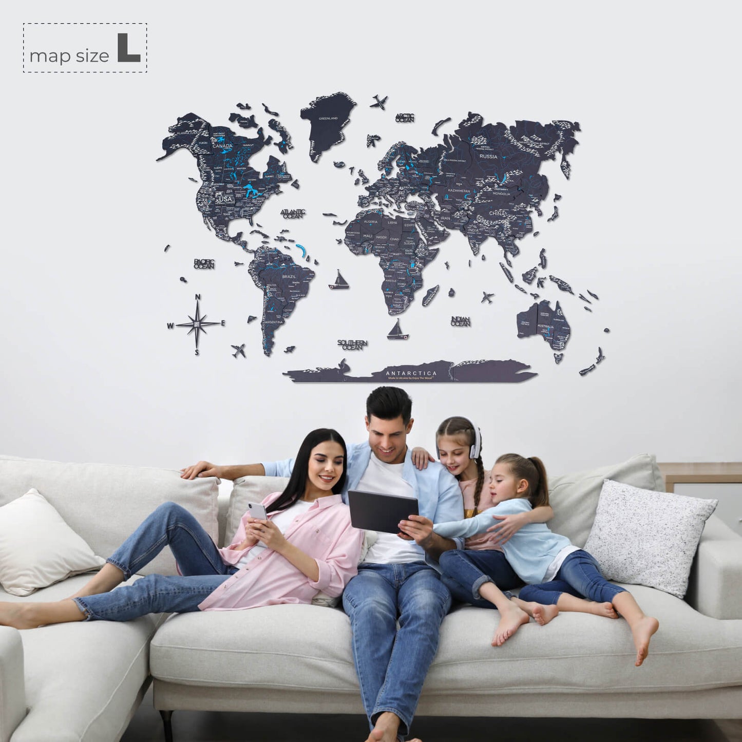 3D Wooden World Map Wall Art - Midnight