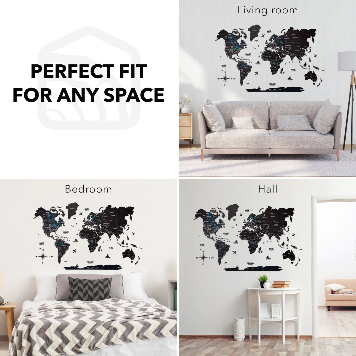 3D Wooden World Map Wall Art - Midnight