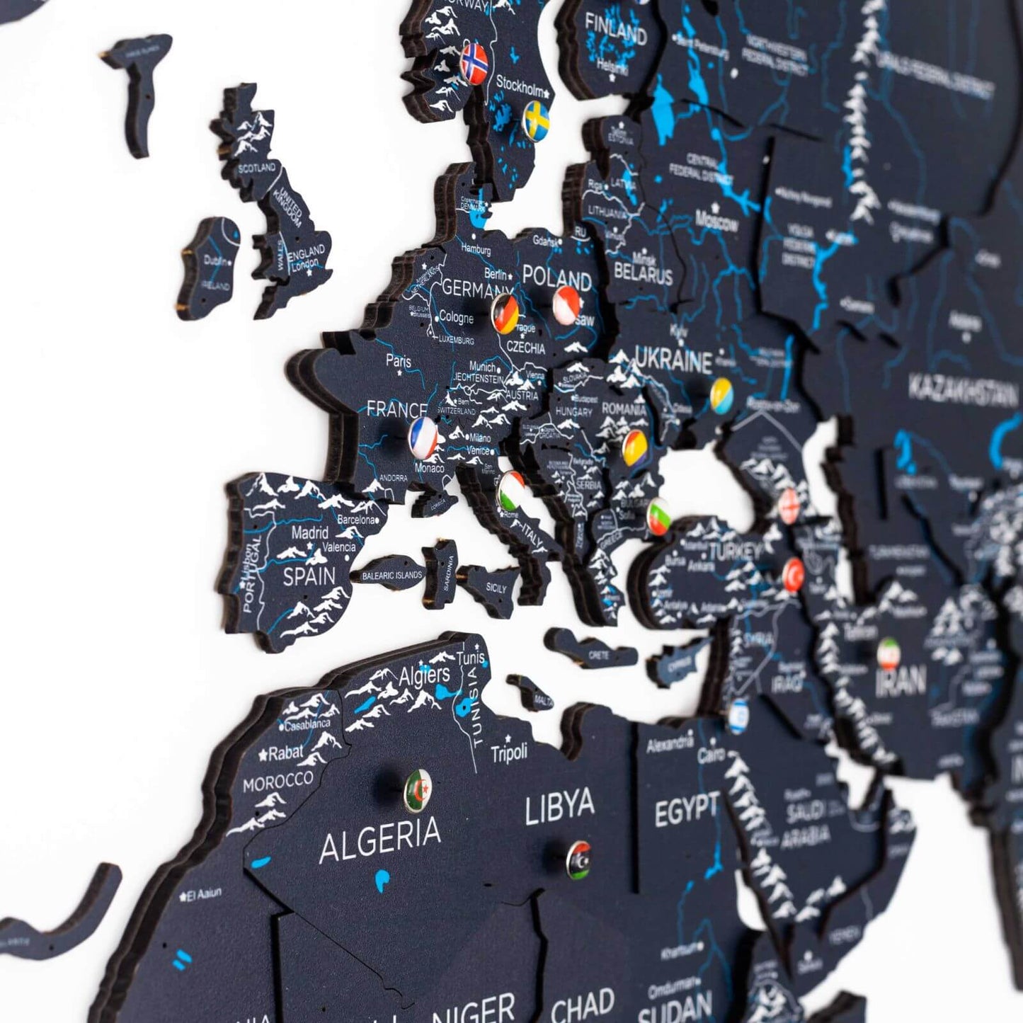 3D Wooden World Map Wall Art - Midnight