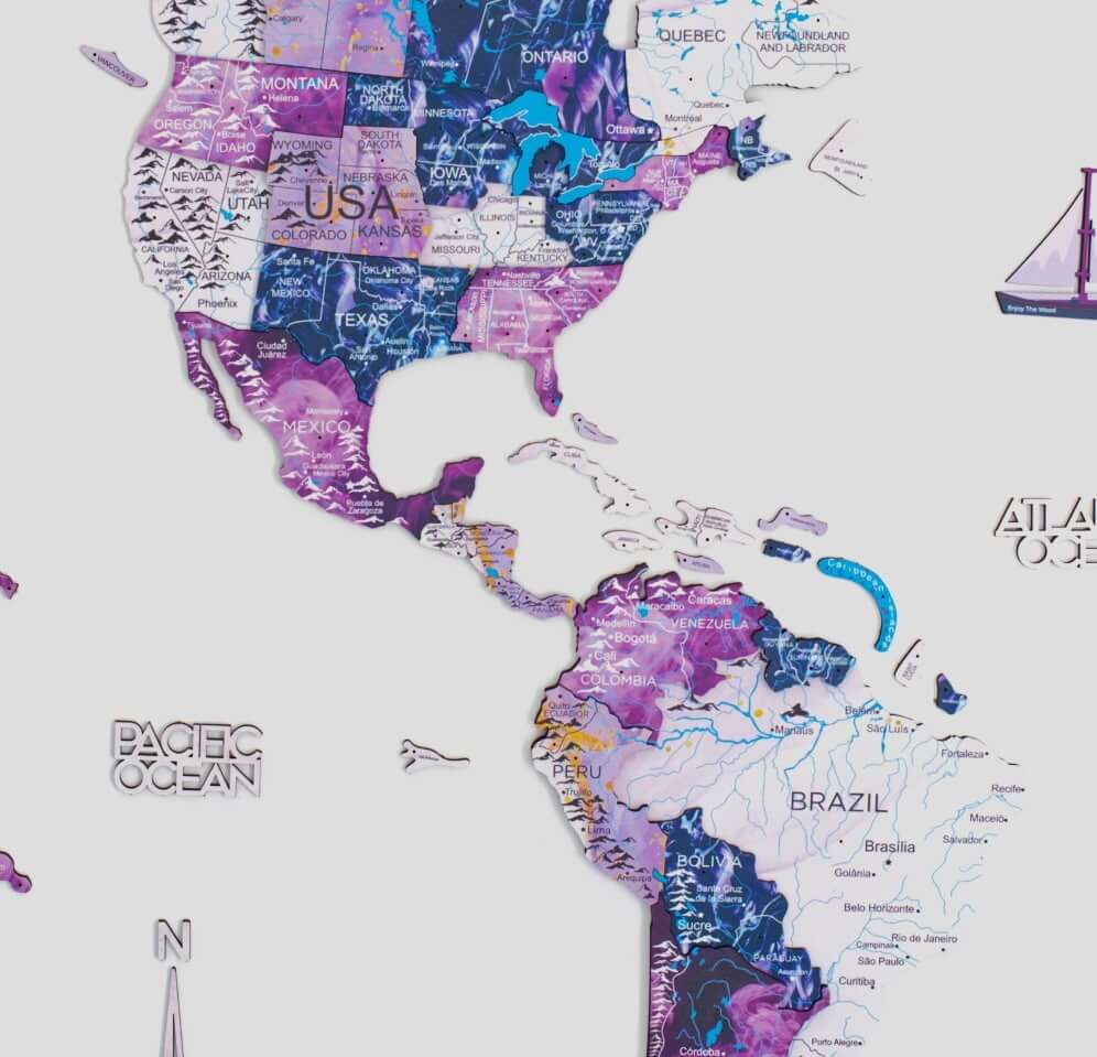 3D Wooden World Map Wall Art - Purple Milky Way