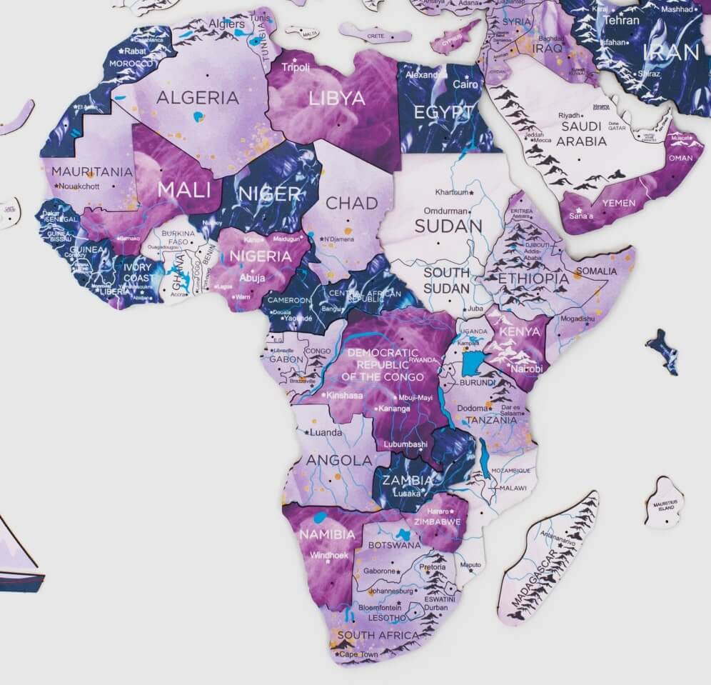 3D Wooden World Map Wall Art - Purple Milky Way