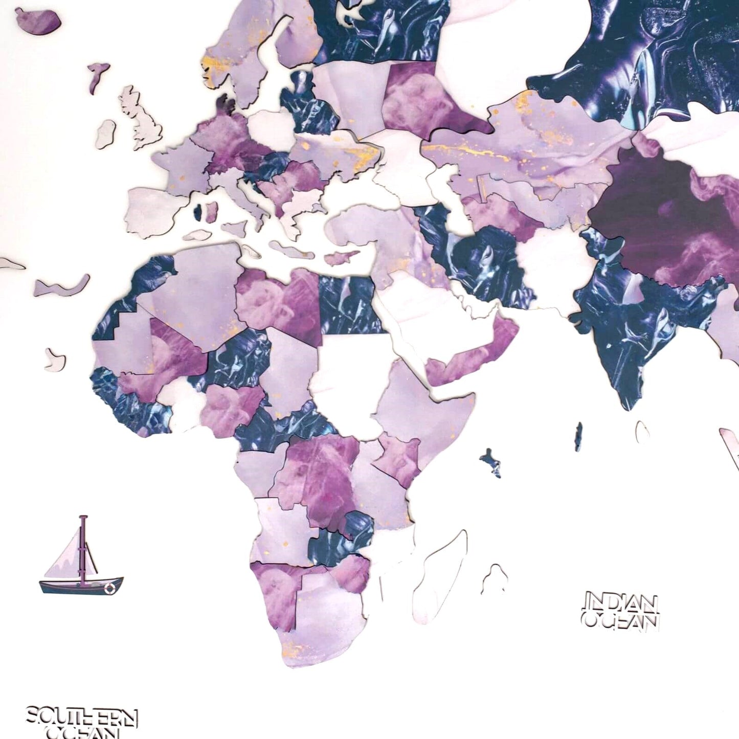 3D Wooden World Map Wall Art - Purple Milky Way
