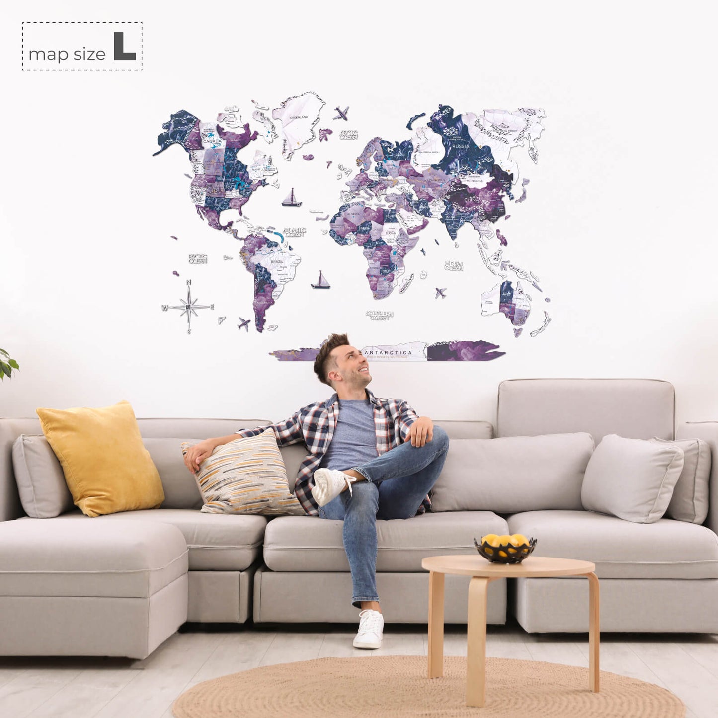 3D Wooden World Map Wall Art - Purple Milky Way