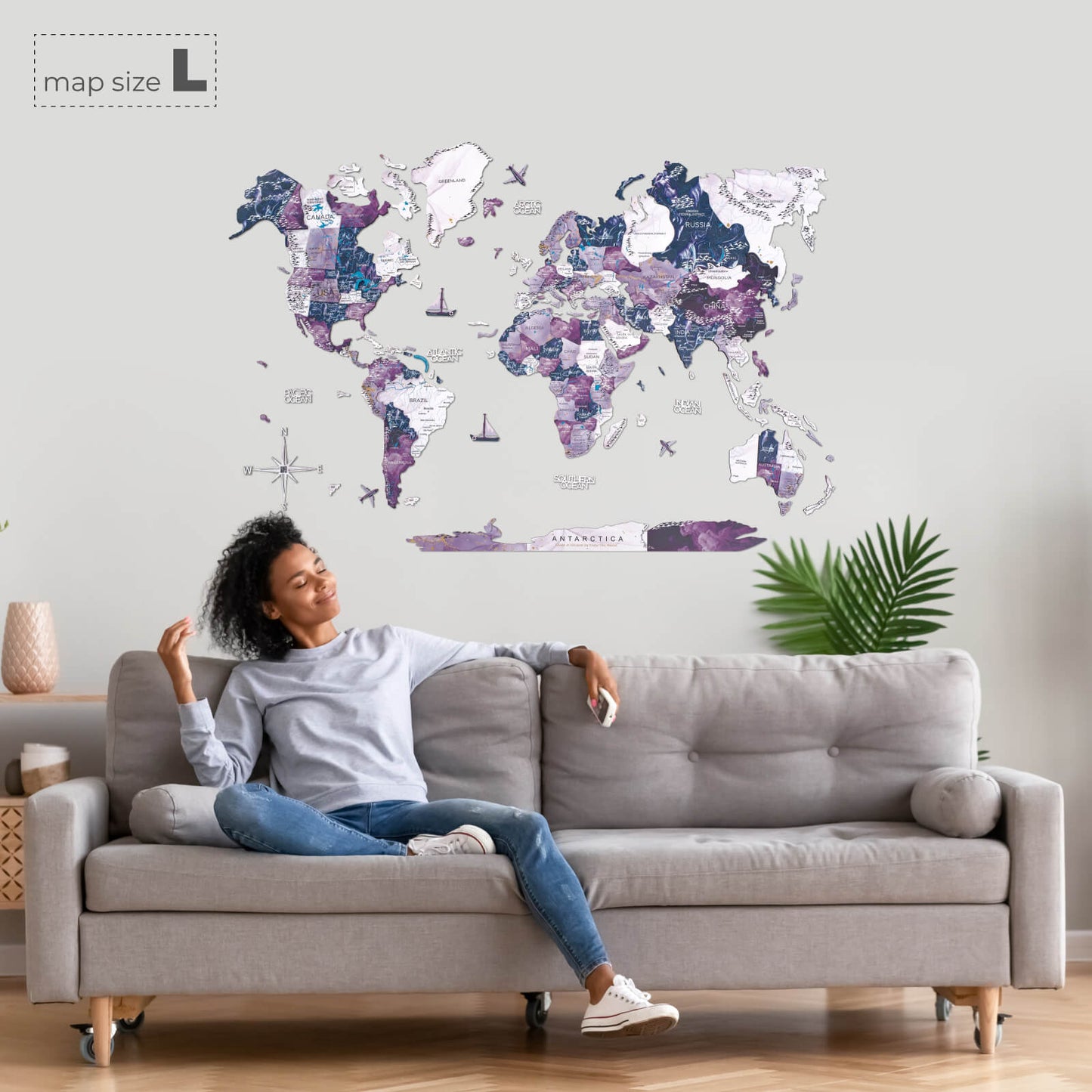 3D Wooden World Map Wall Art - Purple Milky Way