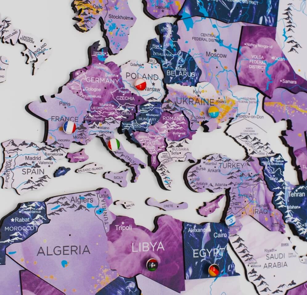 3D Wooden World Map Wall Art - Purple Milky Way