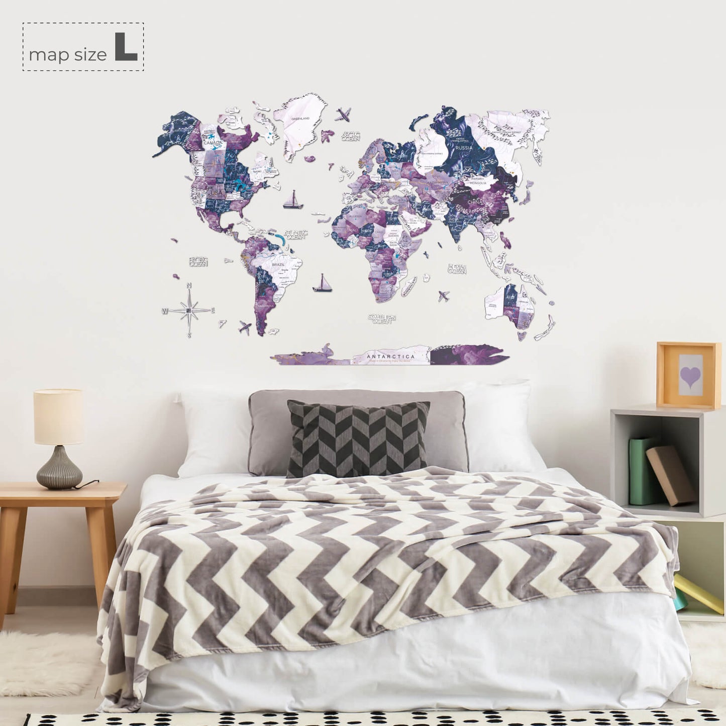 3D Wooden World Map Wall Art - Purple Milky Way