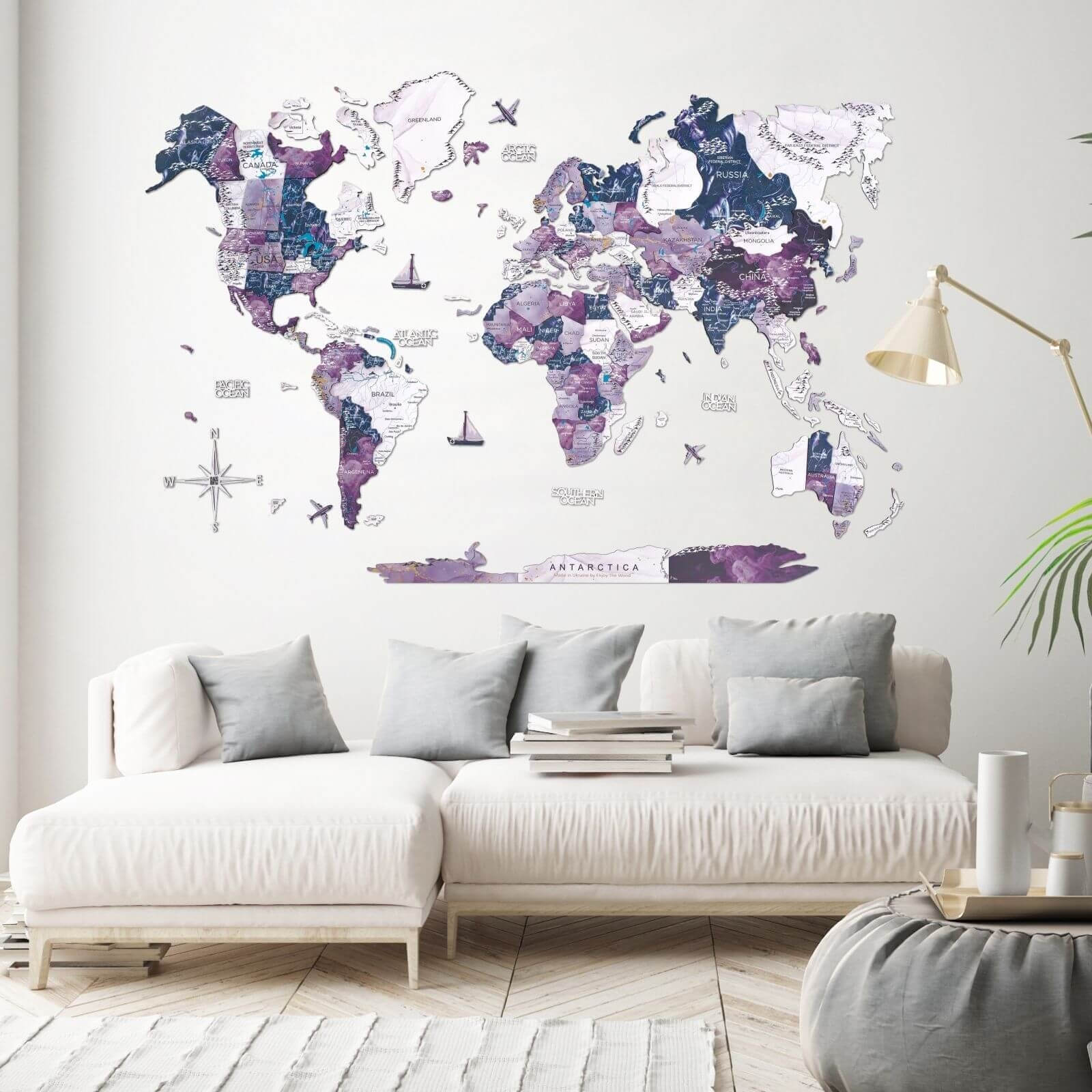 3D wooden world map wall art in purple Milky Way tones