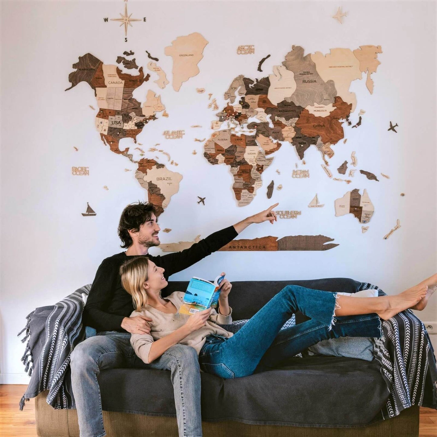 3D Wooden World Map Wall Art - Multicolor