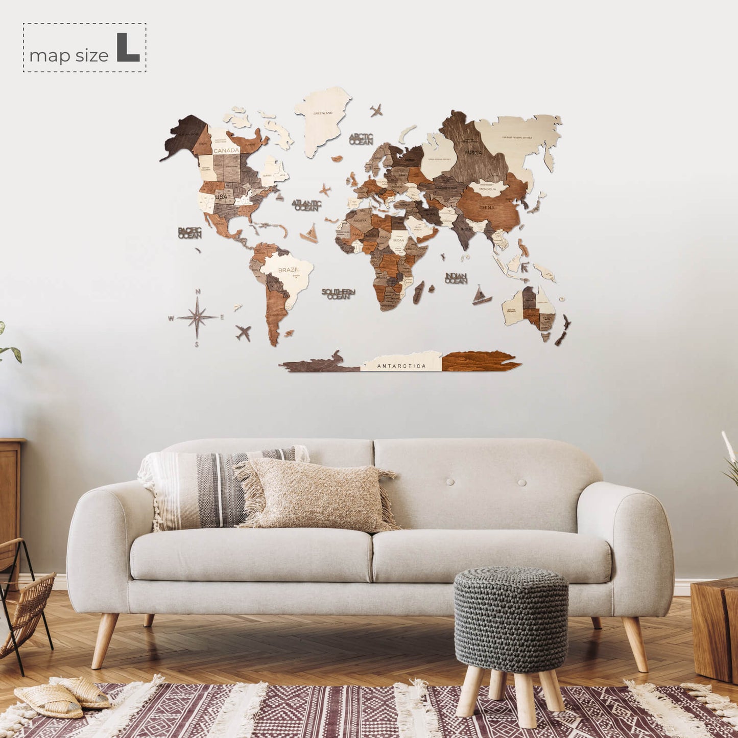 3D Wooden World Map Wall Art - Multicolor