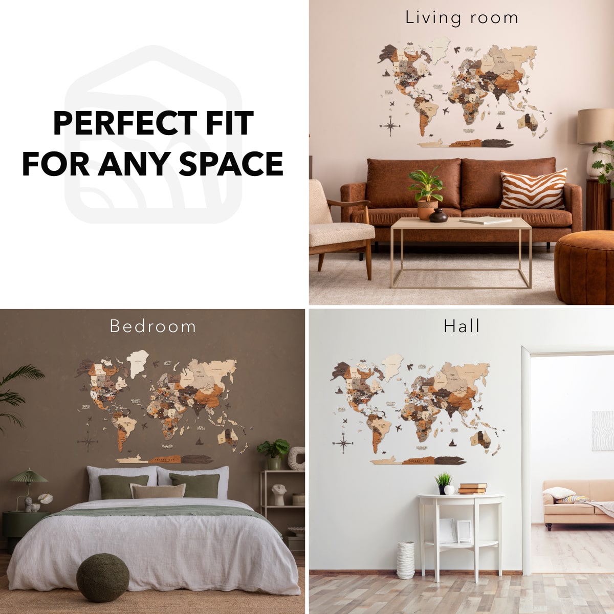 3D Wooden World Map Wall Art - Multicolor