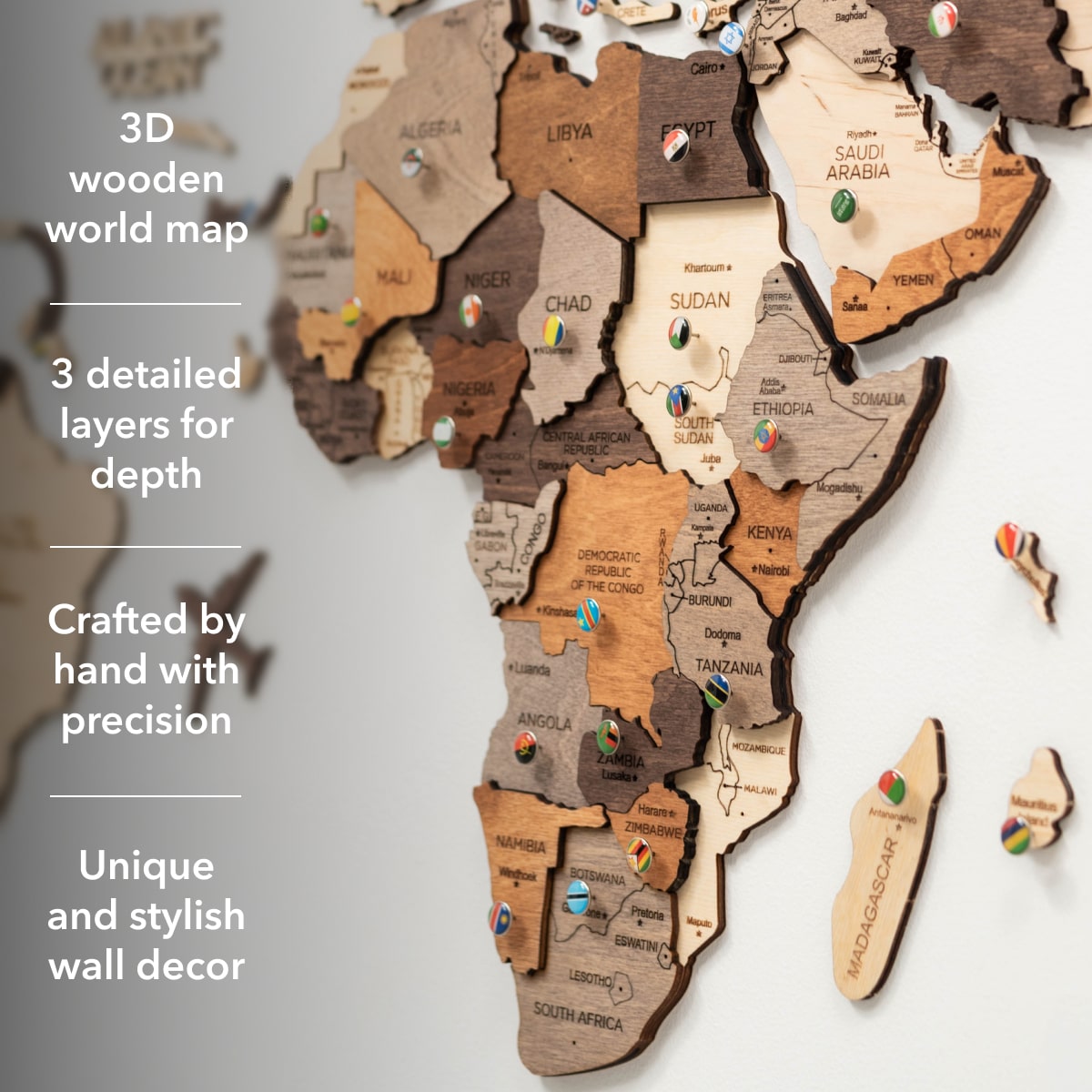 3D Wooden World Map Wall Art - Multicolor