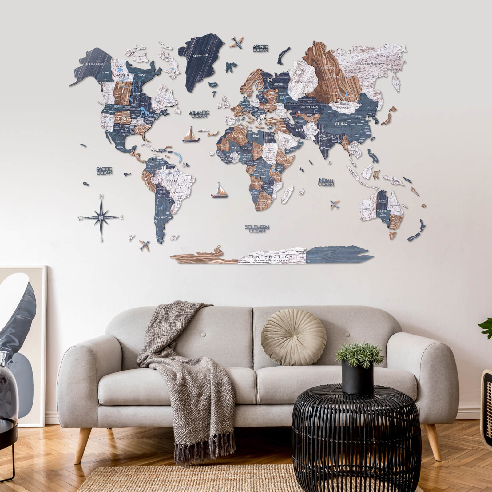 3D wooden world map wall art in Mystery palette