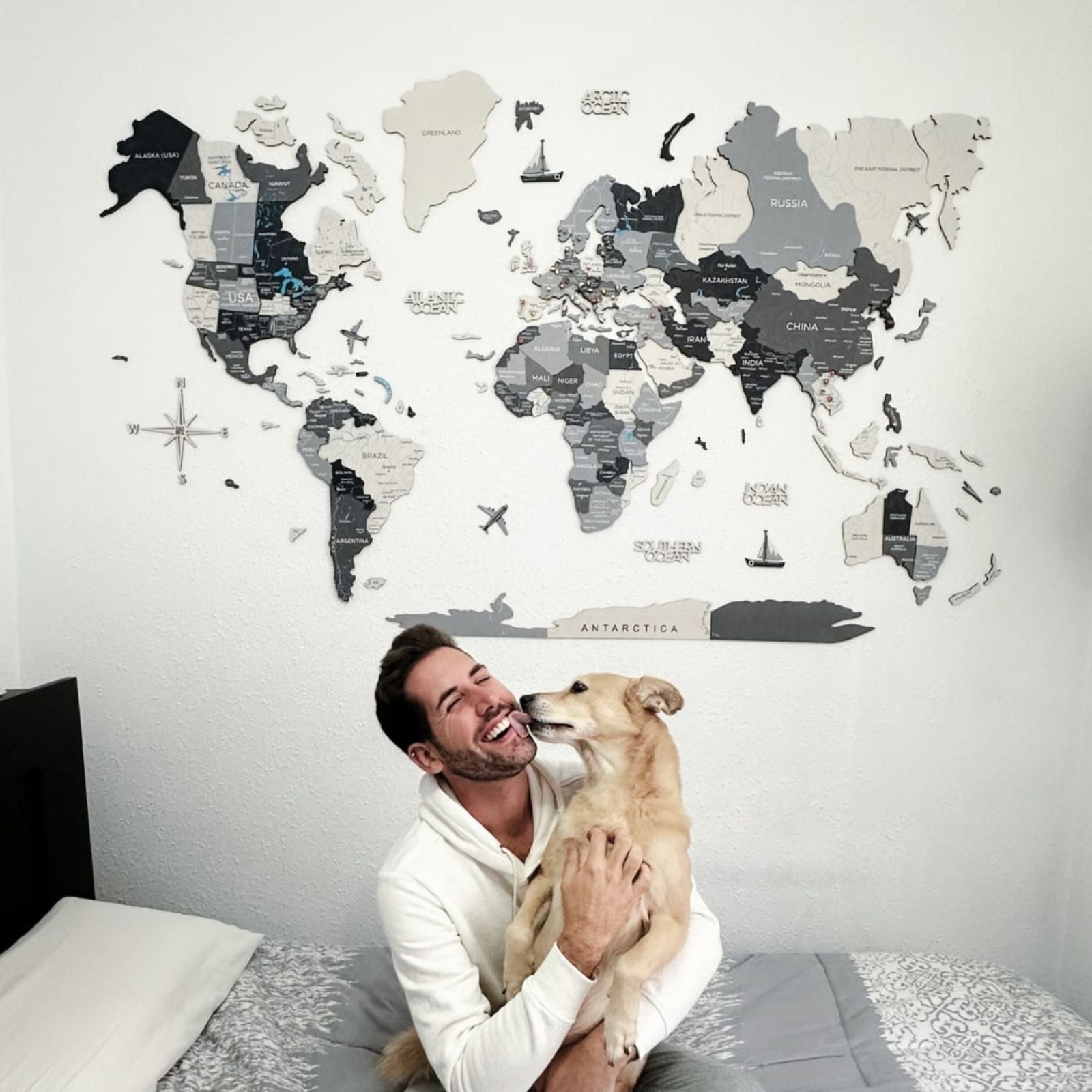 3D wooden world map wall art in Nordik palette