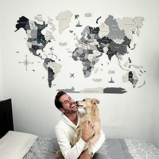 3D wooden world map wall art in Nordik palette