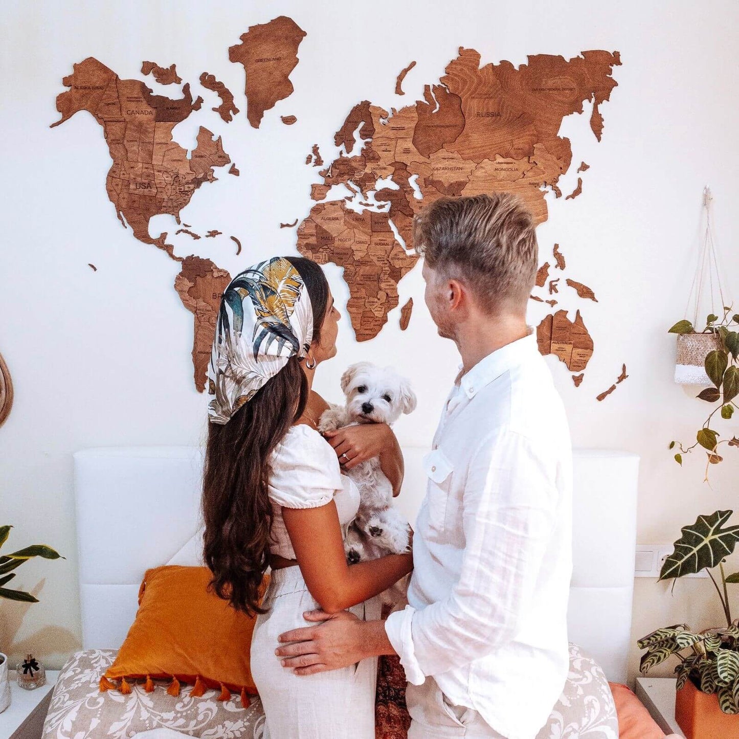 3D wooden world map wall art in Oak finish