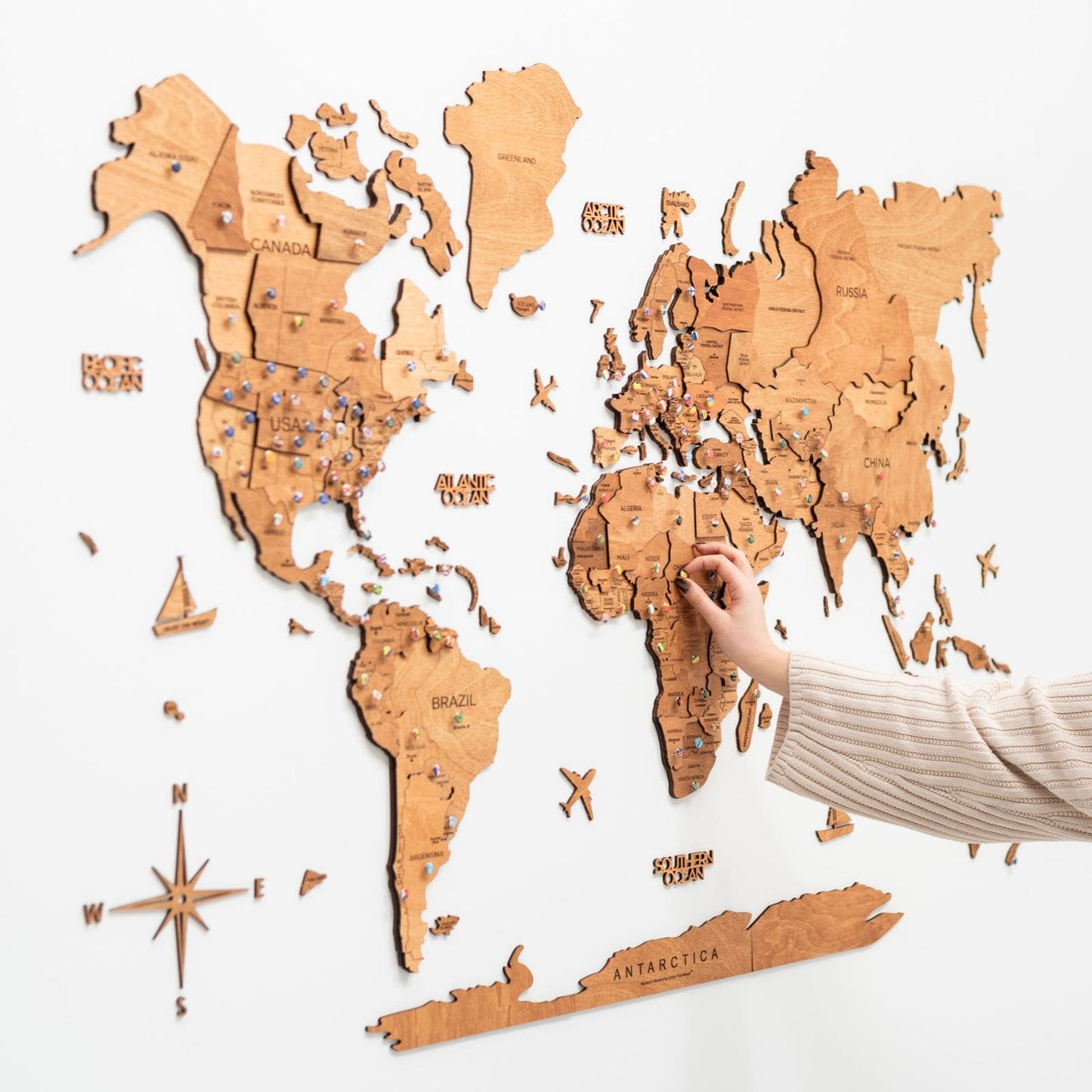 3D Wooden World Map Wall Art - Oak