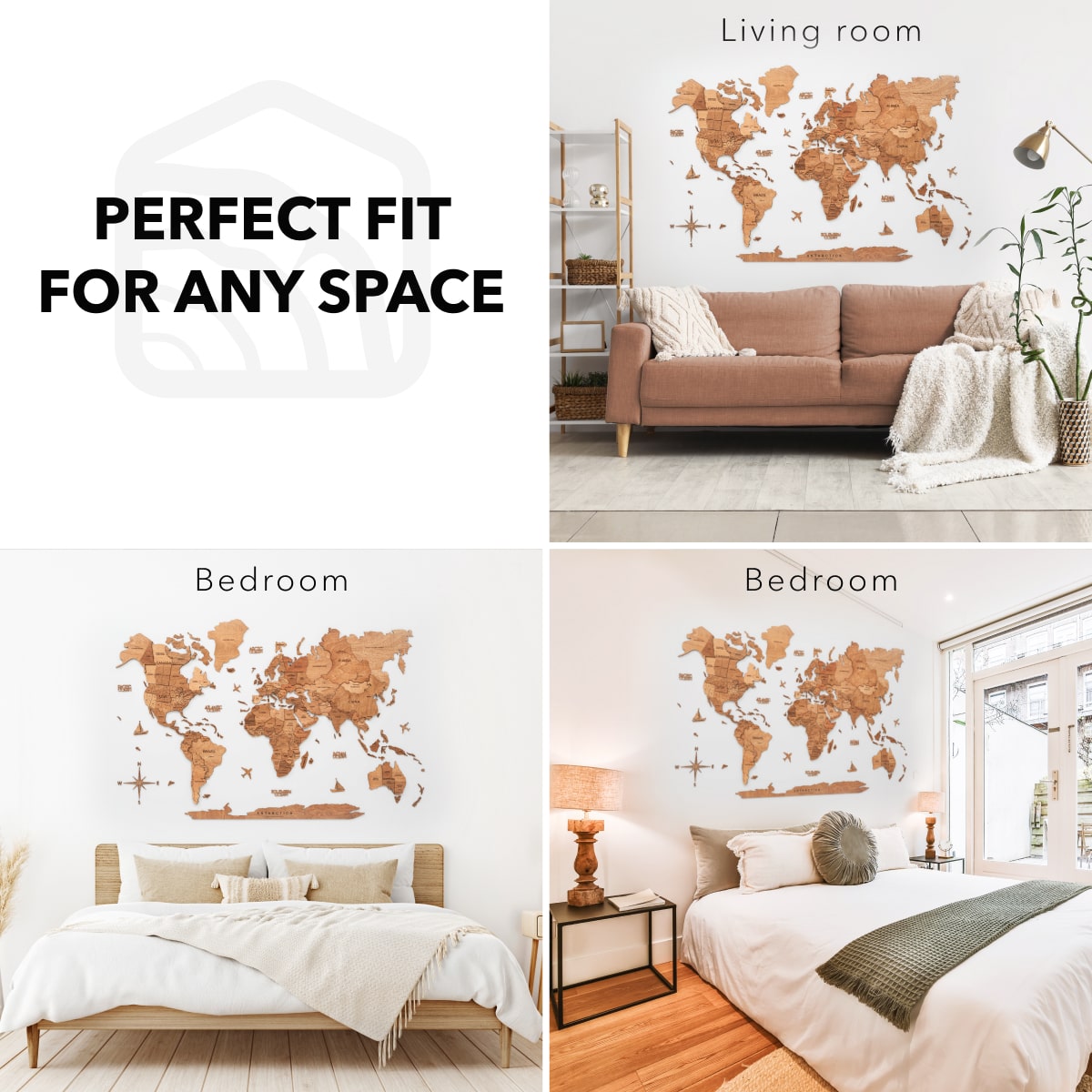 3D Wooden World Map Wall Art - Oak