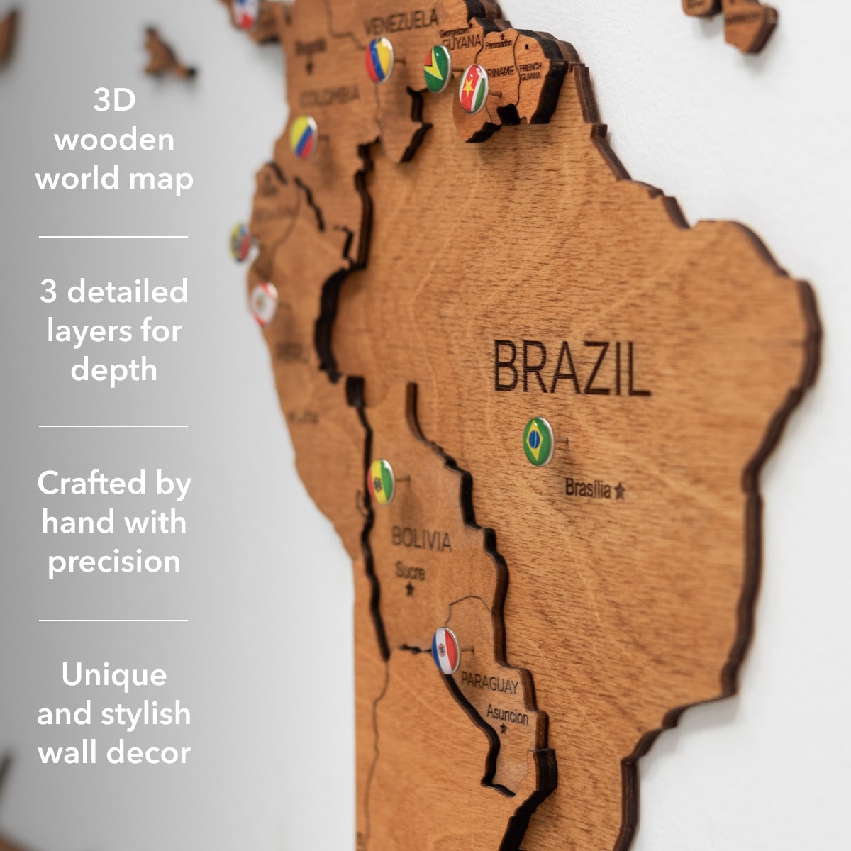 3D Wooden World Map Wall Art - Oak