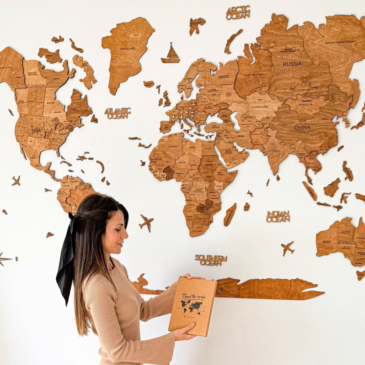 3D Wooden World Map Wall Art - Oak