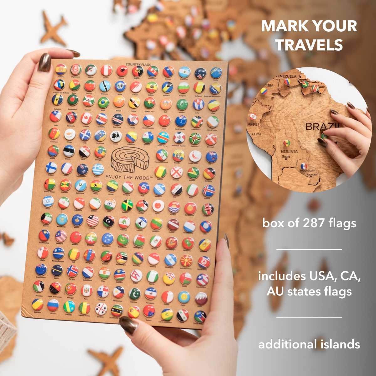 3D Wooden World Map Wall Art - Oak