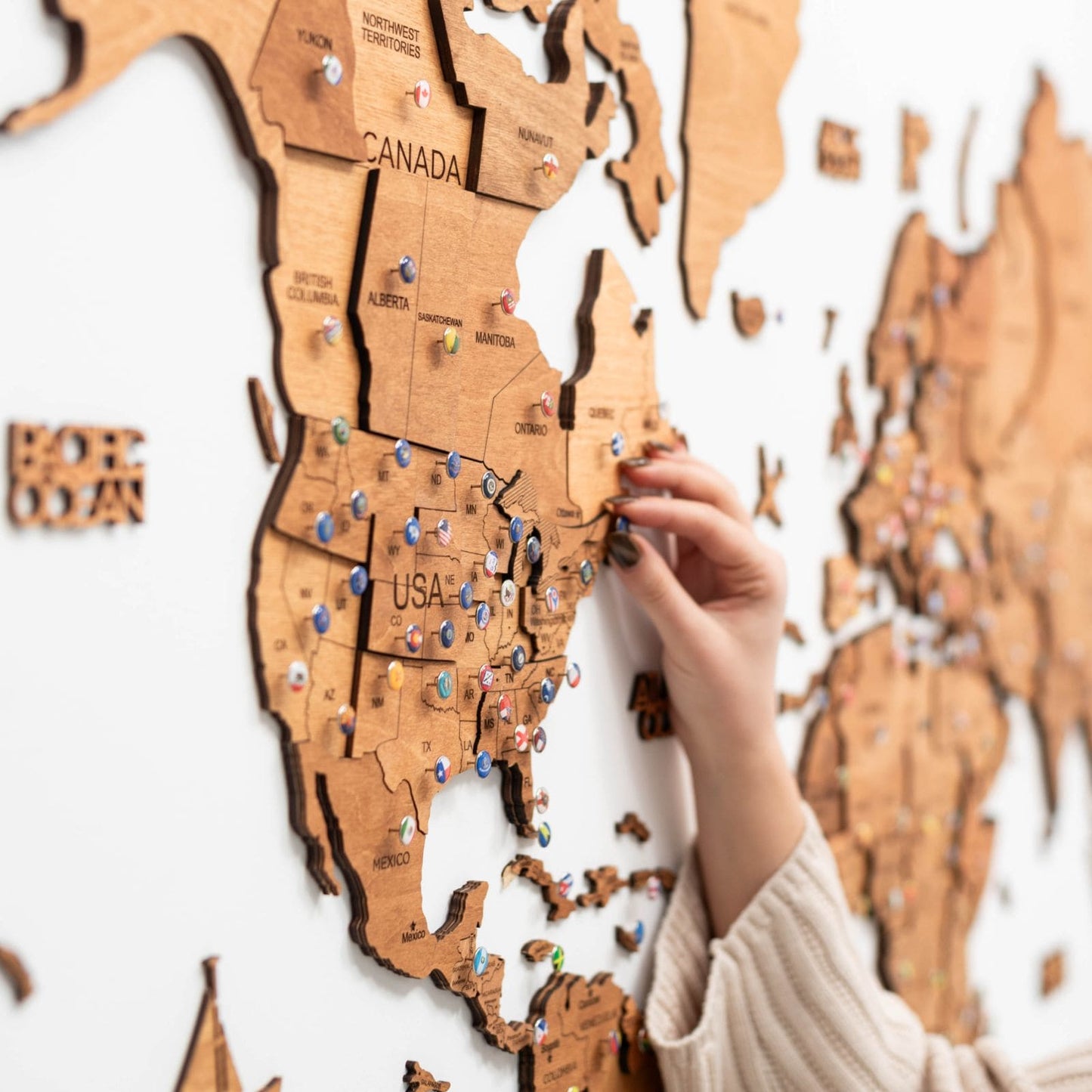 3D Wooden World Map Wall Art - Oak