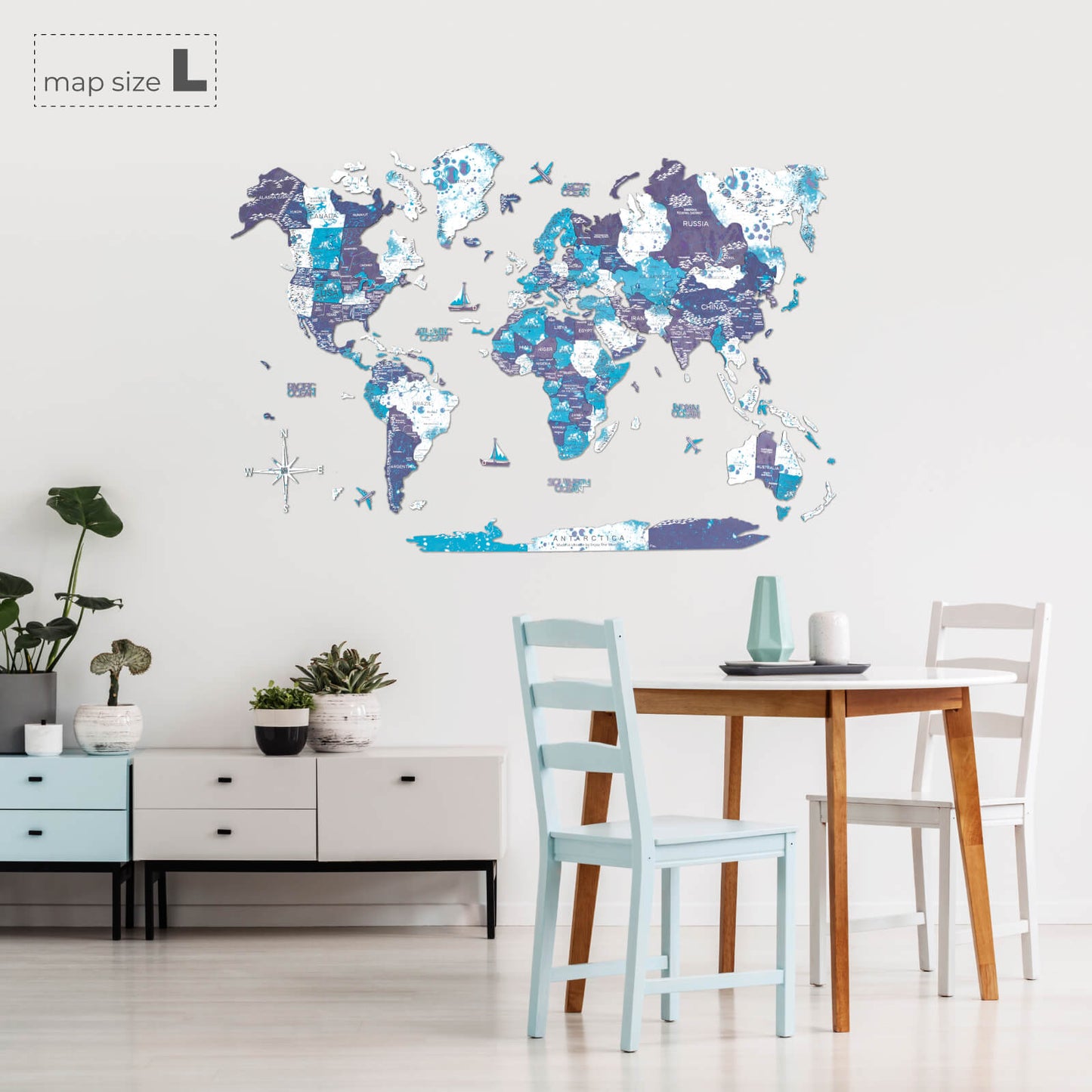 3D Wooden World Map Wall Art - Ocean