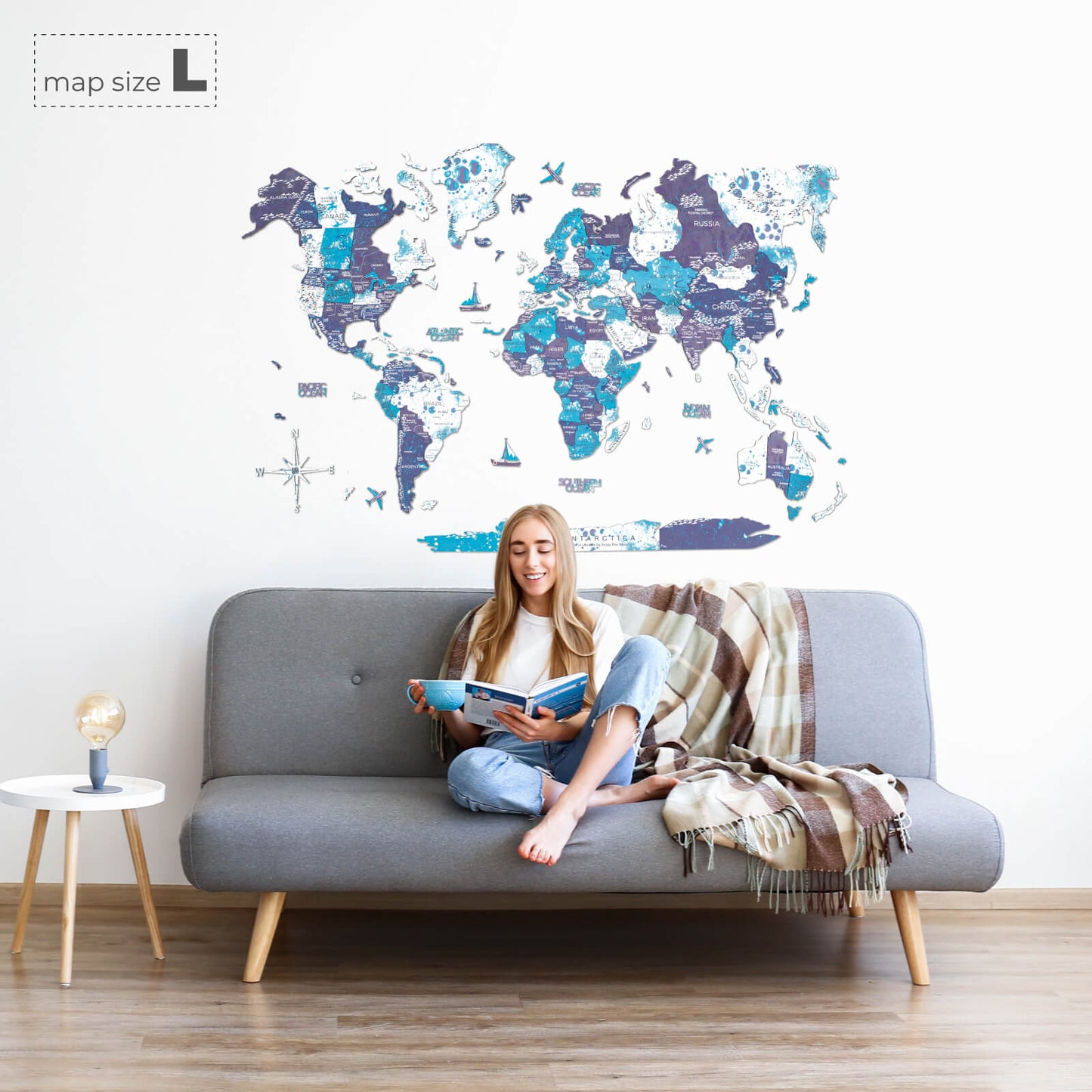 3D Wooden World Map Wall Art - Ocean