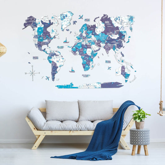 3D wooden world map wall art in Ocean-blue palette