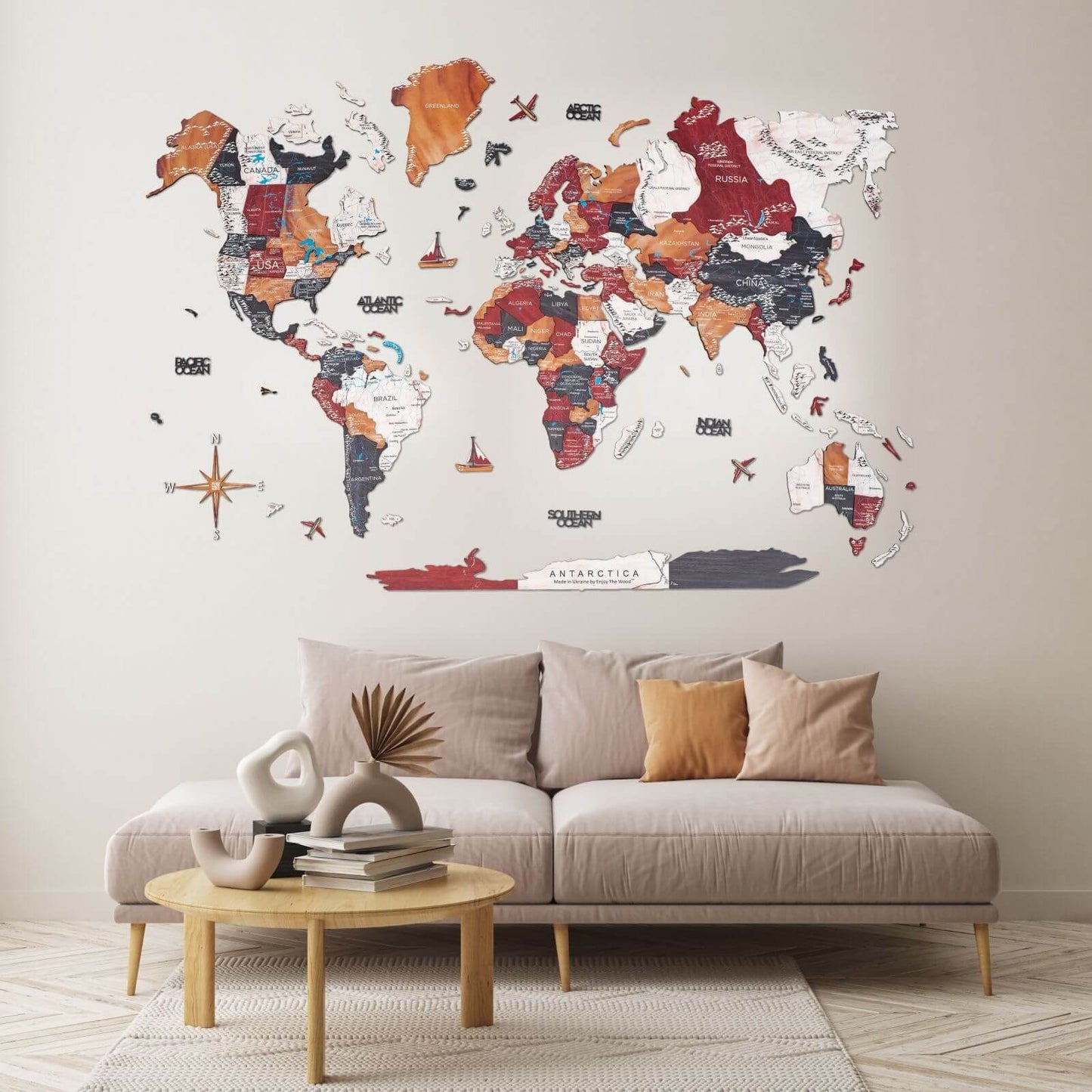 3D wooden world map wall art in warm Onyx palette