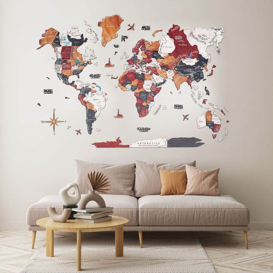 3D wooden world map wall art in warm Onyx palette
